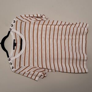 Veronica Beard White and Tan Striped Short Sleeve Tee with Shoulder Buttons